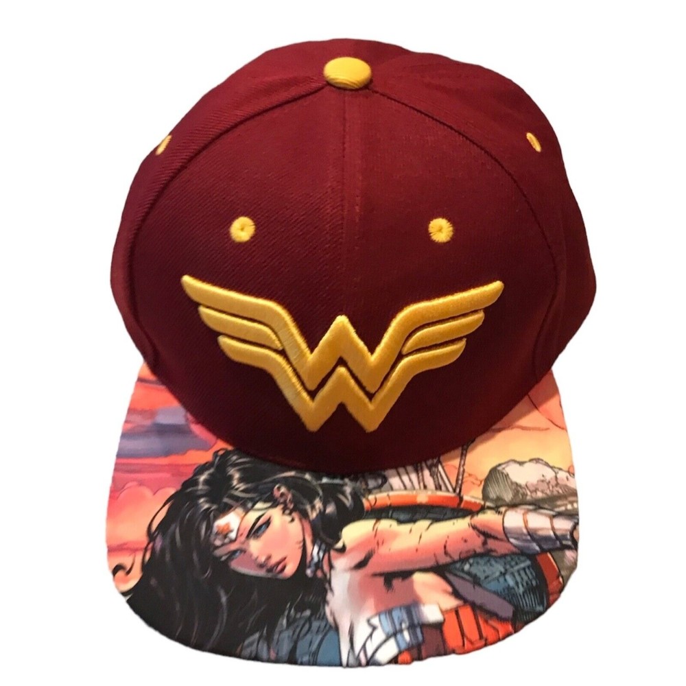SIX FLAGS WONDER WOMAN Snapback Hat Cap Maroon Graphic Design